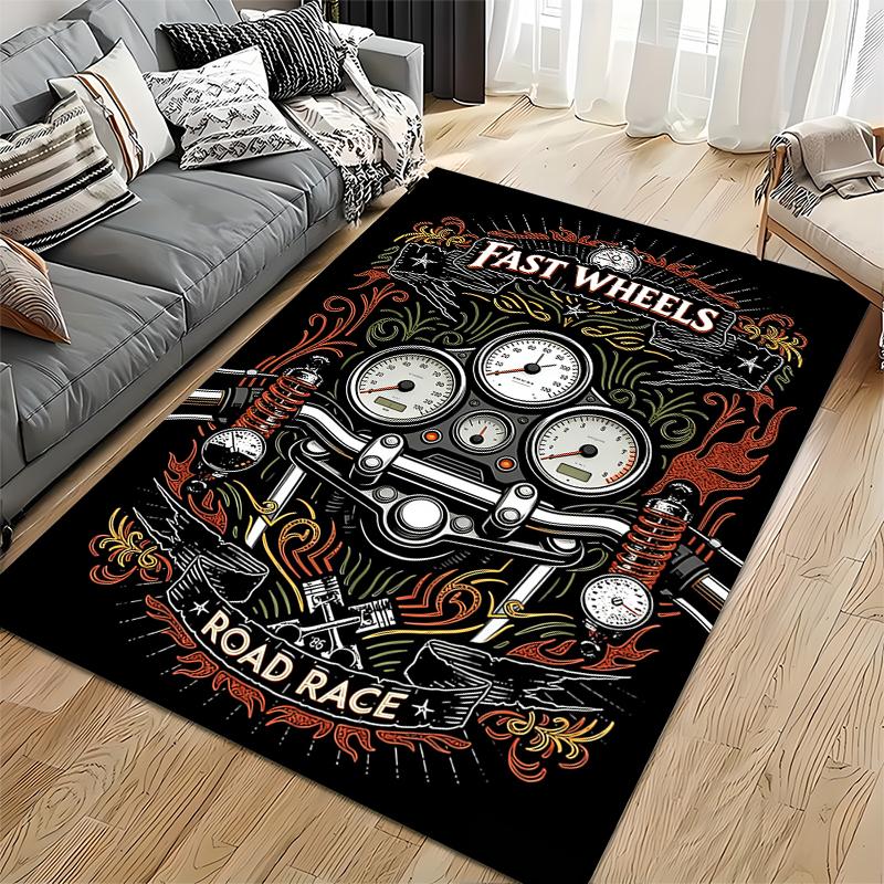 Motorcycle Dashboard Design Black Carpet, Fast Wheels Road Race Style Suitable for use as an anti-slip for living room bedroom sofas