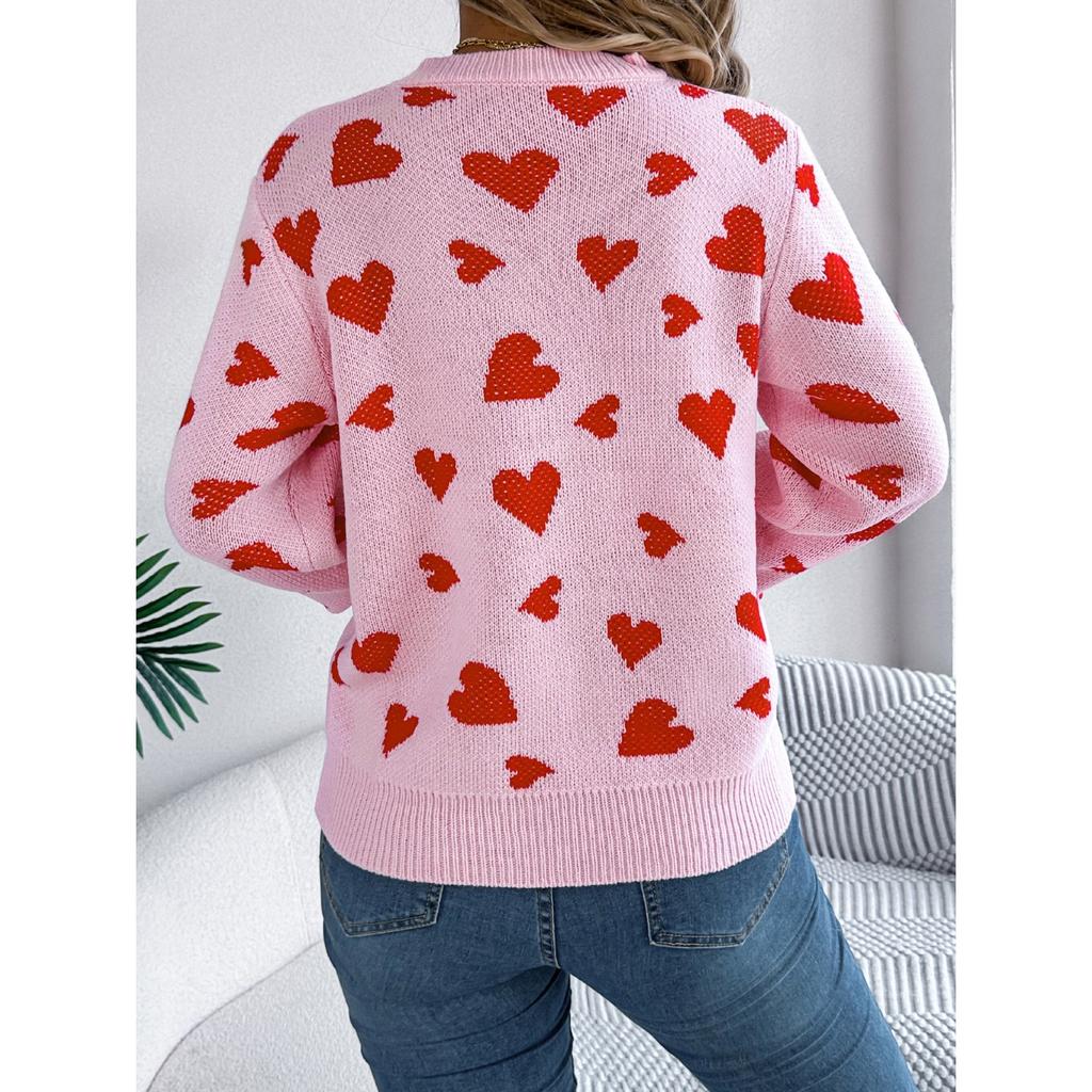 GMXIA Autumn and Winter Casual Color-blocking Heart-shaped Lantern Sleeve Pullover Sweater for Valentine's Day Women's Wear