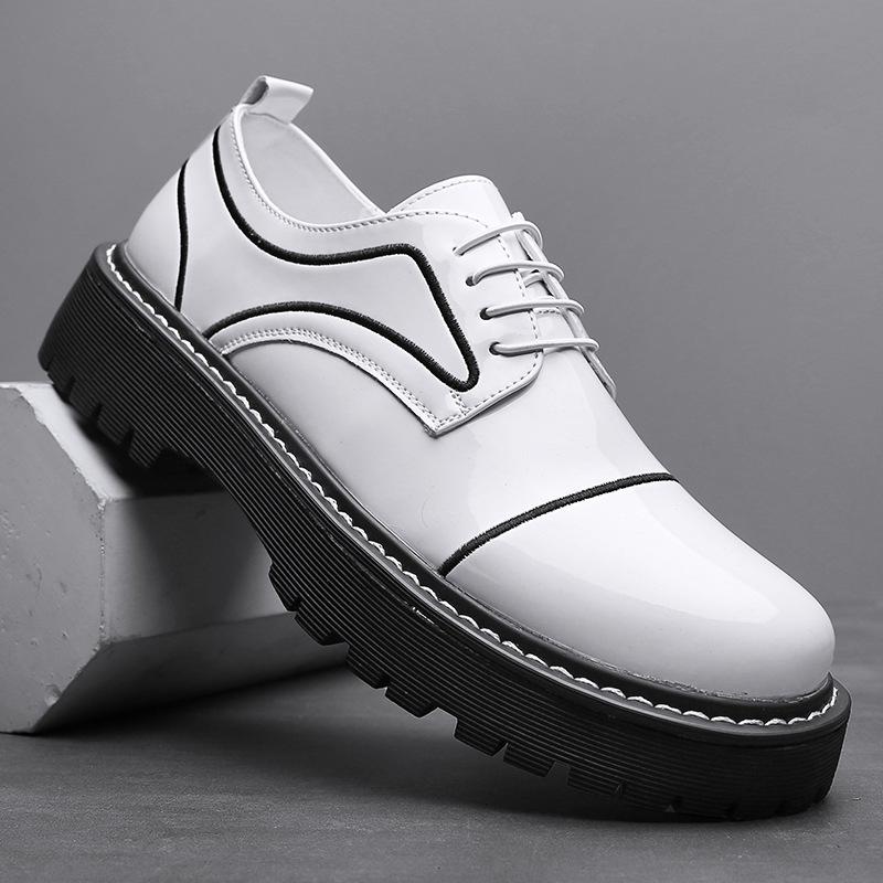 Белые Мягкие FootPairs Британский Стиль Круглый Носок Толстая Подошва Черная Кожа FootPairs Мягкий Корейский Стиль Парикмахер Формальный Деловой Глянцевый Мягкий