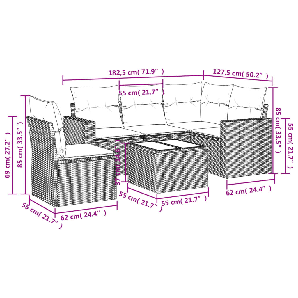 6 Piece Garden Sofa Set with Cushions Brown Poly Rattan