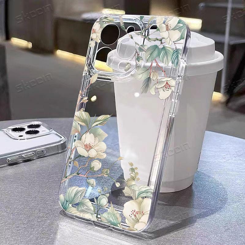 Нежный белый цветочный зеленый лист Чехол для телефона для iPhone 17 16 15 14 13 12 11 16E Серии Pro Max Plus Двойная защита