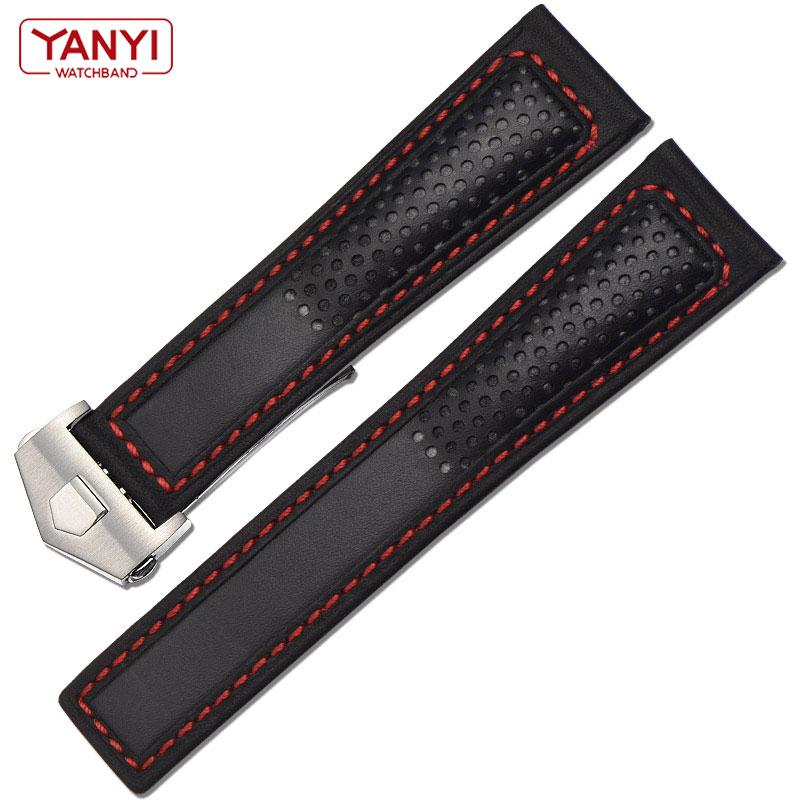 Genuine Leather Strap 22m for Ta-g He-uer F1 Watchband Red Stitches Wristwatches Band Fold Buckle Leather Watch Bracelet