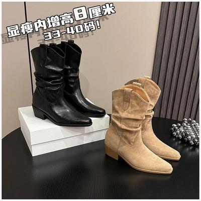 Улучшенные винтажные замшевые ботильоны на массивном каблуке в западном стиле для женщин - осенне-зимние сапоги до середины икры из натуральной кожи с V-образным вырезом и широким голенищем