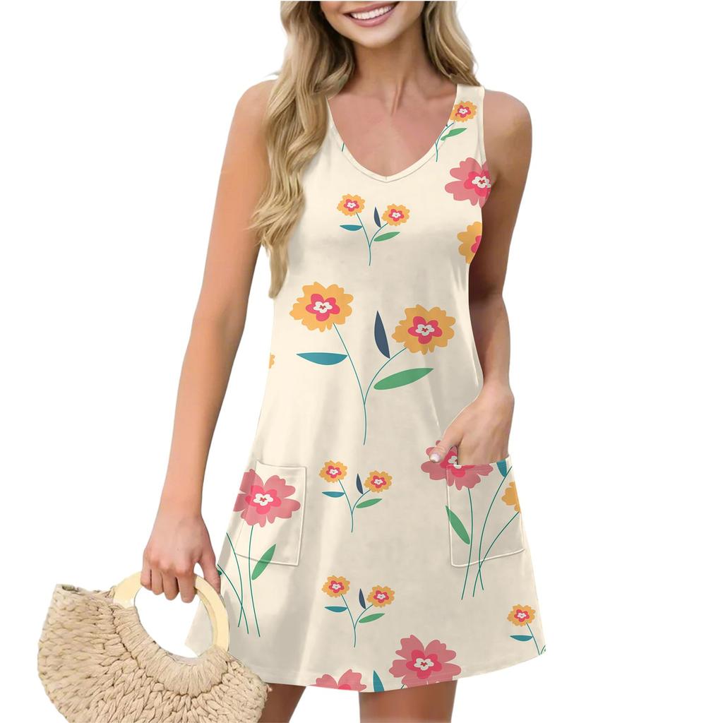 Женское повседневное летнее платье-жилет с карманами, цветочным принтом, V-образным вырезом, без рукавов