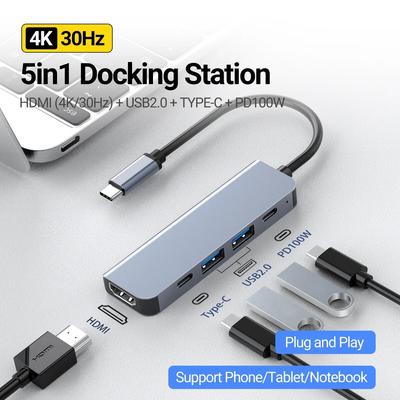 Концентратор USB 3.0 5-в-1 Концентратор типа C с портом USB-C с питанием PD 100 Вт, зарядка HDMI 4K, 30 Гц для MacBook Mac Pro iMac XPS ПК