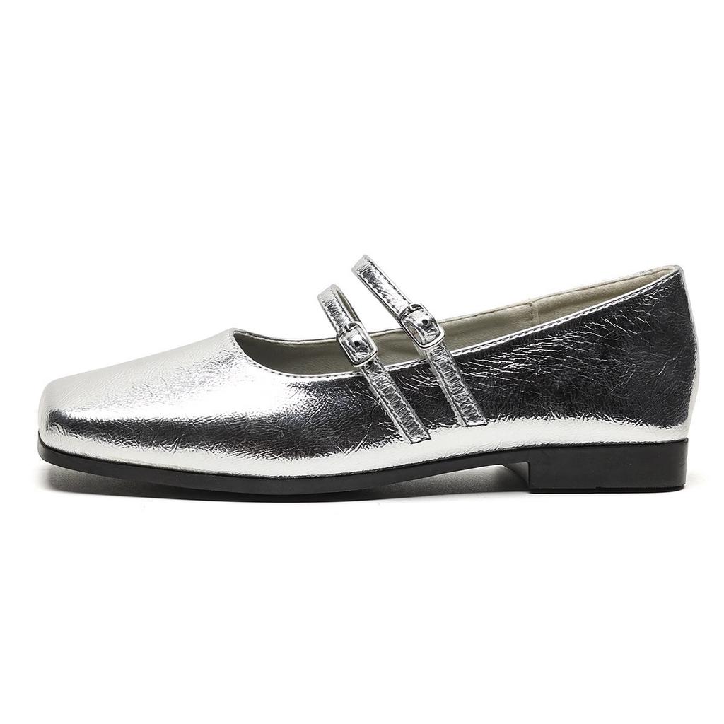 Square head flat bottom silver ladyshoes women's 2025 summer thick heel French retro one-word buckle with soft sole Muller single shoes women
