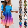 Women Summer Fashion One-Shoulder Short Sleeve Gradient Print Ruffle Mini Dress