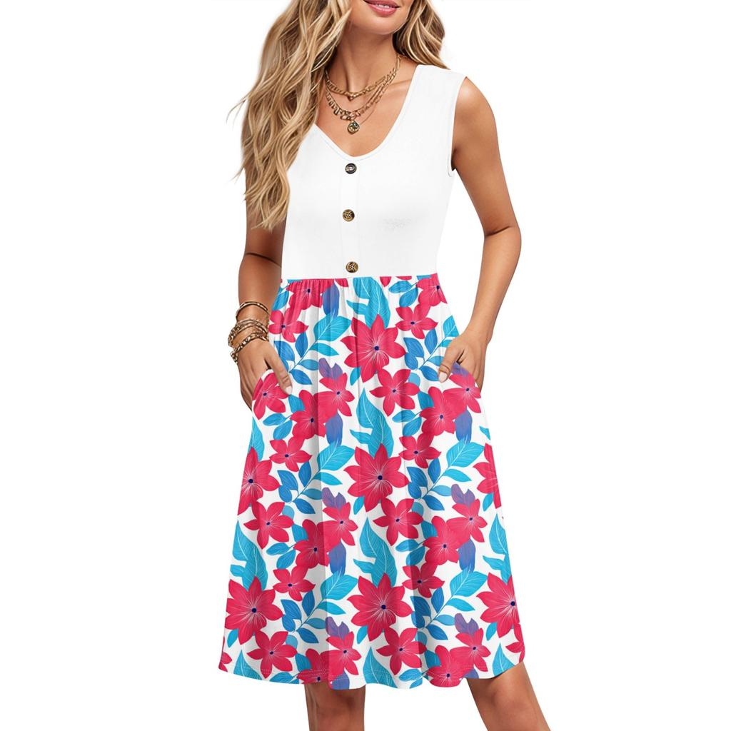 Женские летние платья с принтом, без рукавов, повседневные, свободные, расклешенные, на пуговицах, миди-сарафан с карманами