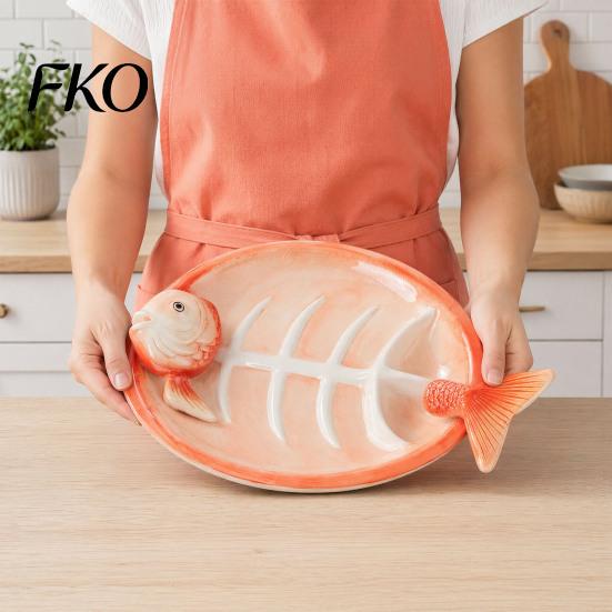 Three-dimensional Fish Plate Shaped Ceramic Dumpling Plate, Sushi Serving Tray with Red Gradient Platter Dip Sauce Grooves, Multifunctional Appetizer