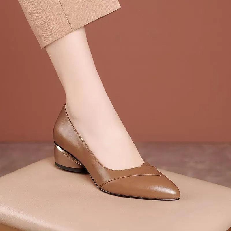 WTEMPO Women's Spring and Autumn Single Shoes Solid Color Pointed Toe Middle Thick Heel Rubber Anti-slip Sole Soft Leather Shoes Comfortable Versatile