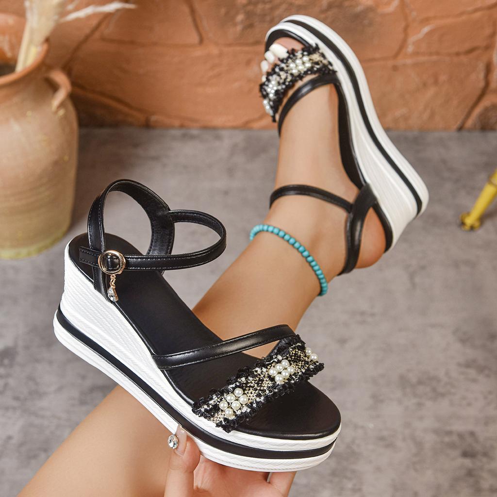 Women's Wide Width Roman Sandals, Pearl Embellished Platform Buckle Slides, Wholesale Summer Shoes for Women