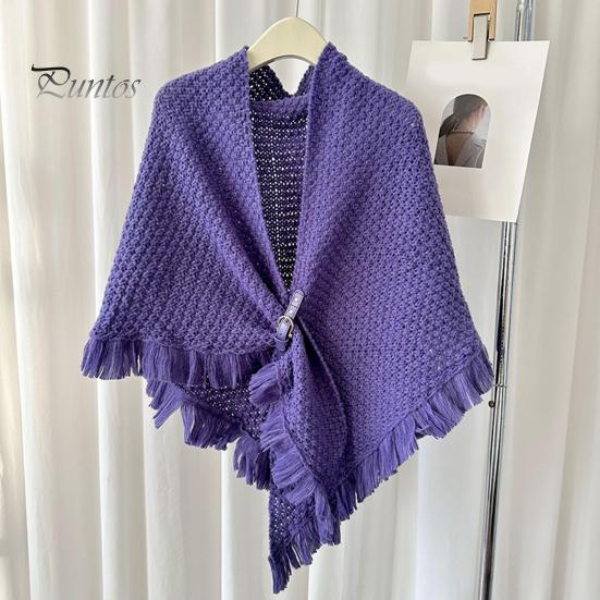 Осенне-зимняя вязаная шаль с кисточками, однотонный треугольный шарф с пуговицами, утолщенная теплая трикотажная накидка