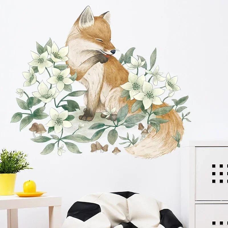 Wall Decoration Sticker 3d Fox Flower Bedroom Self Adhesive Home Decor Living Room Cartoon Animal Wall Art Decals Accessories