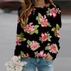 Fall Autumn Women'S Fashion O Neck Long Sleeve T-Shirt Loose Clothes Pink Chrysanthemum Print T Shirt For Girls Street