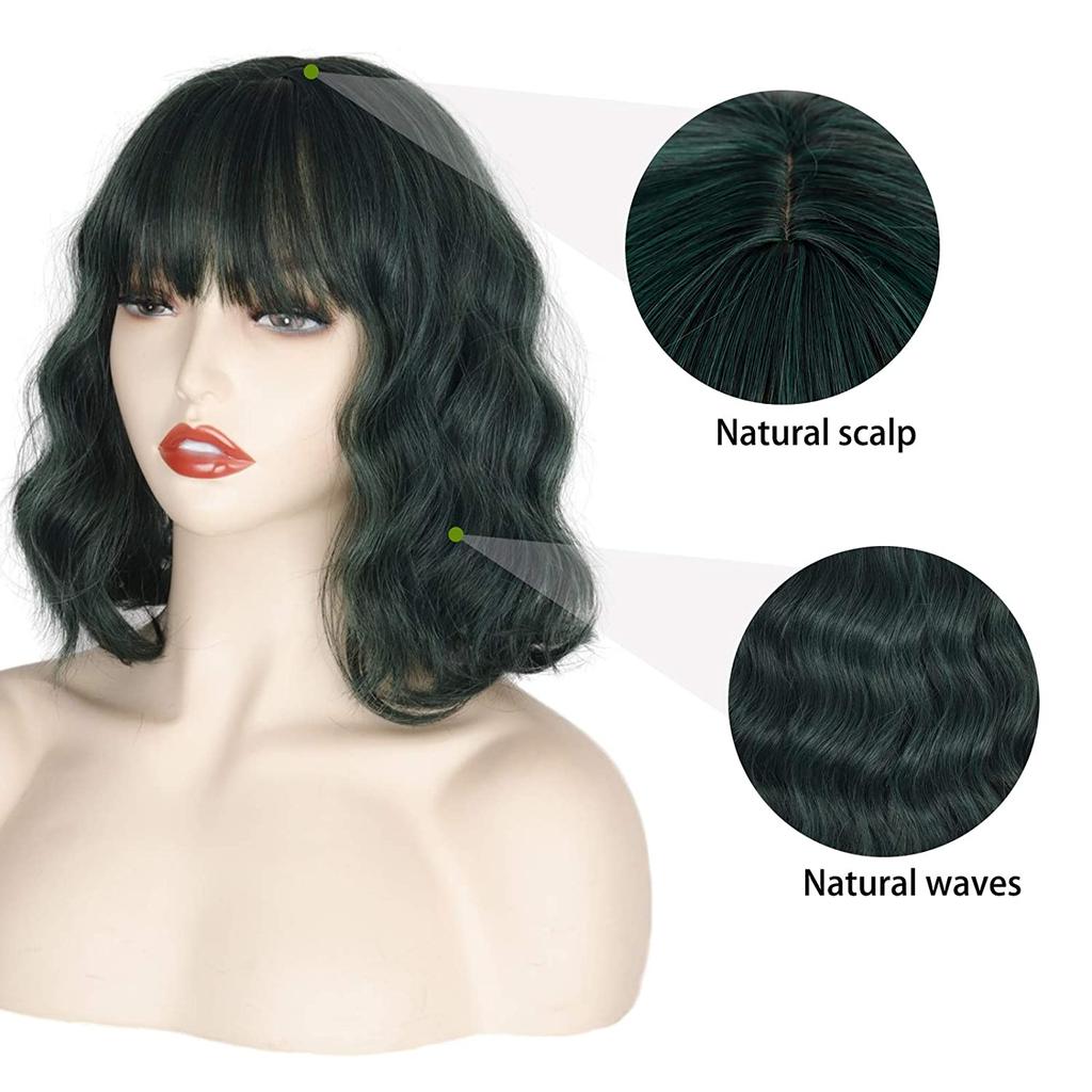MERISIHAIR Короткий темно-зеленый волнистый парик с челкой, черный смешанный зеленый короткий боб волнистые вьющиеся парики для женщин, синтетические реалистичные парики для косплея для девочек