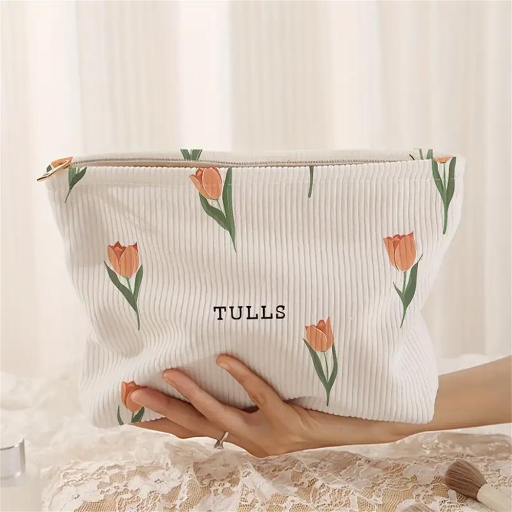 Cute Tulip Cosmetic Bag Gilrs Corduroy Zipper Makeup Organizer Toiletries Storage Pouch Gift Women Travel Portable Make Up Case