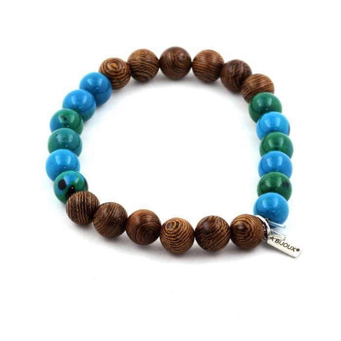 Bracelet - ABIJOUX - Chrysocolla + Wood - 8 Mm - Length 19-20 Cm - Made In France