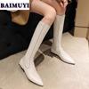 Модные туфли на плоской подошве с острым носком, женские сапоги челси до колена, кожаные туфли 2025 года, зимняя абсолютно новая мода, сексуальные гладиаторские туфли на молнии, зимние ботинки Mujer