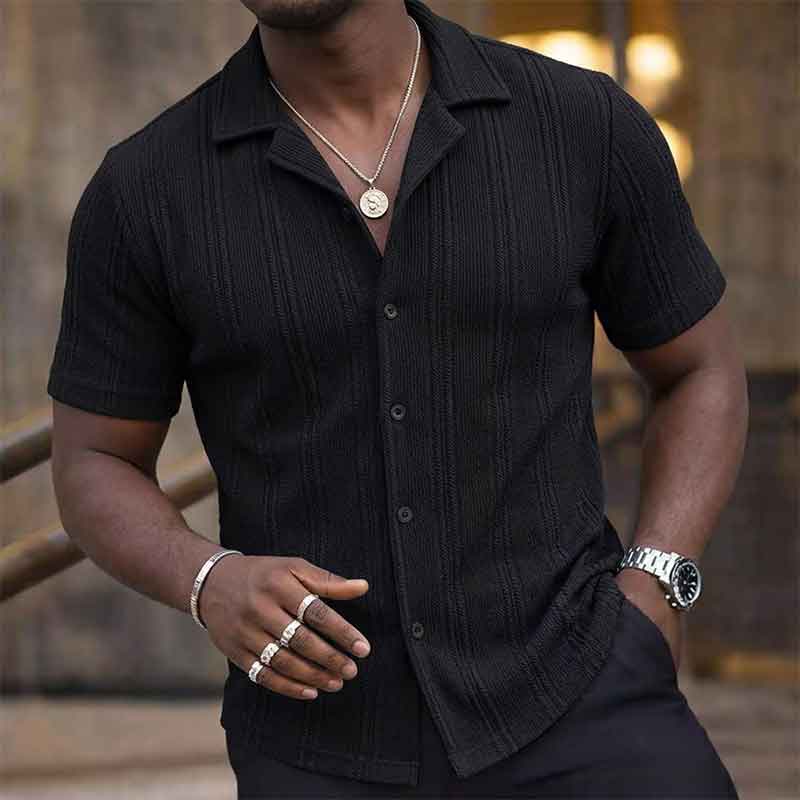 Mens Textured Vertical Stripe Cuban Collar Short Sleeve Button Up Shirt