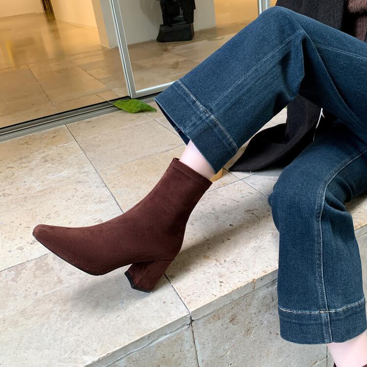 Intellectual elegance commuter high heel thin boots 2025 autumn and winter new small square head side zipper elastic bag legs short boots women