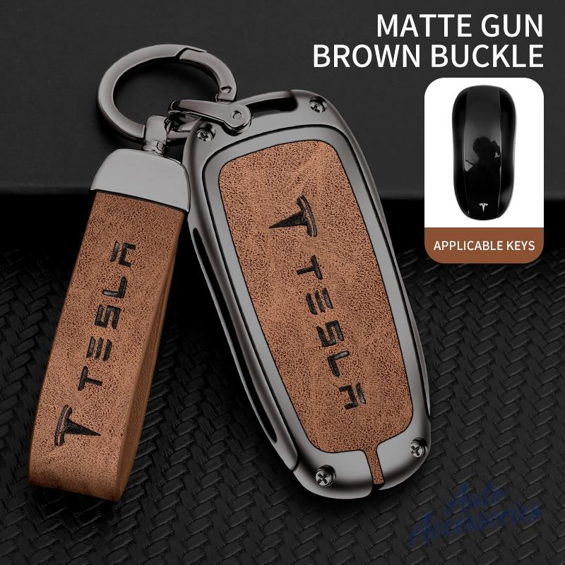 ALN1 Alloy Car Smart Remote Key Case Cover Protection Shell Keyring For Tesla Model 3 Model Y Model S X Leather Keychain Accessories