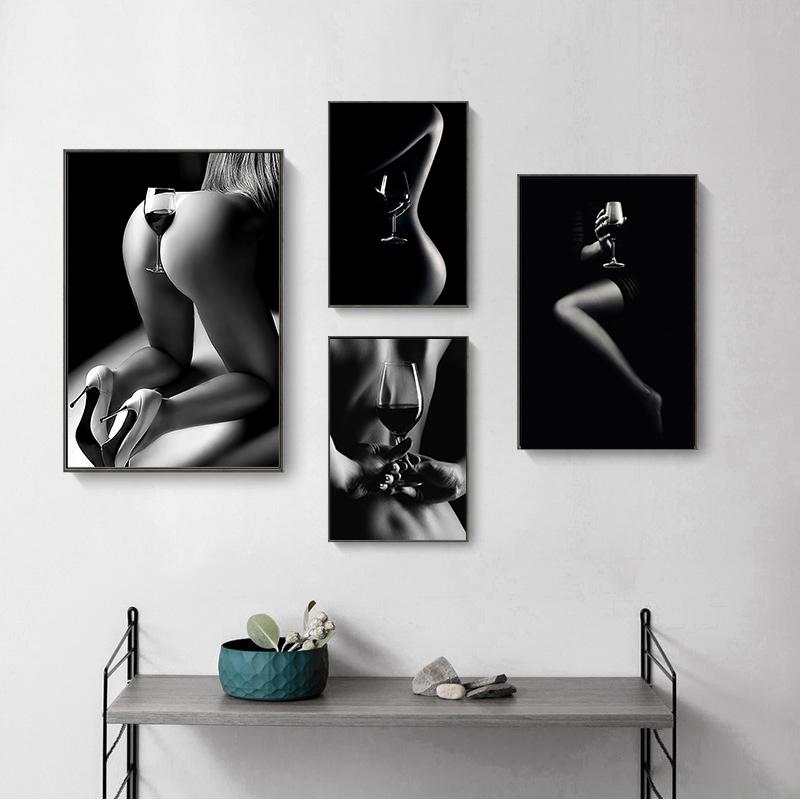 Modern Black and White Nude Art Poster Printing Sexy Girl Wine Glass Wall Art Pictures for Bedroom Bathroom Home Decoration
