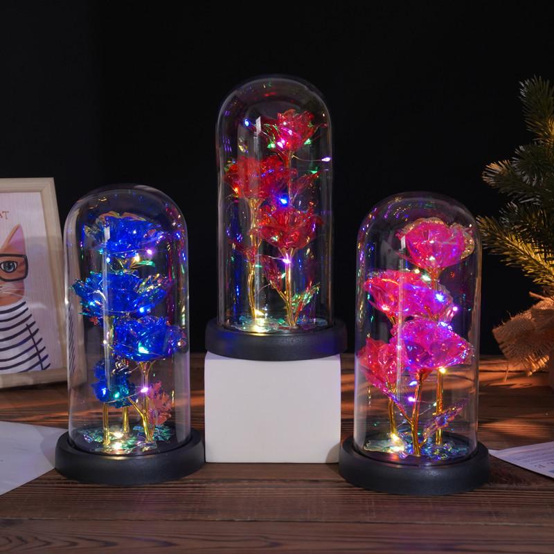 Three glass cover rose ornament creative Christmas Valentine's Day gift immortal flower gold foil night light