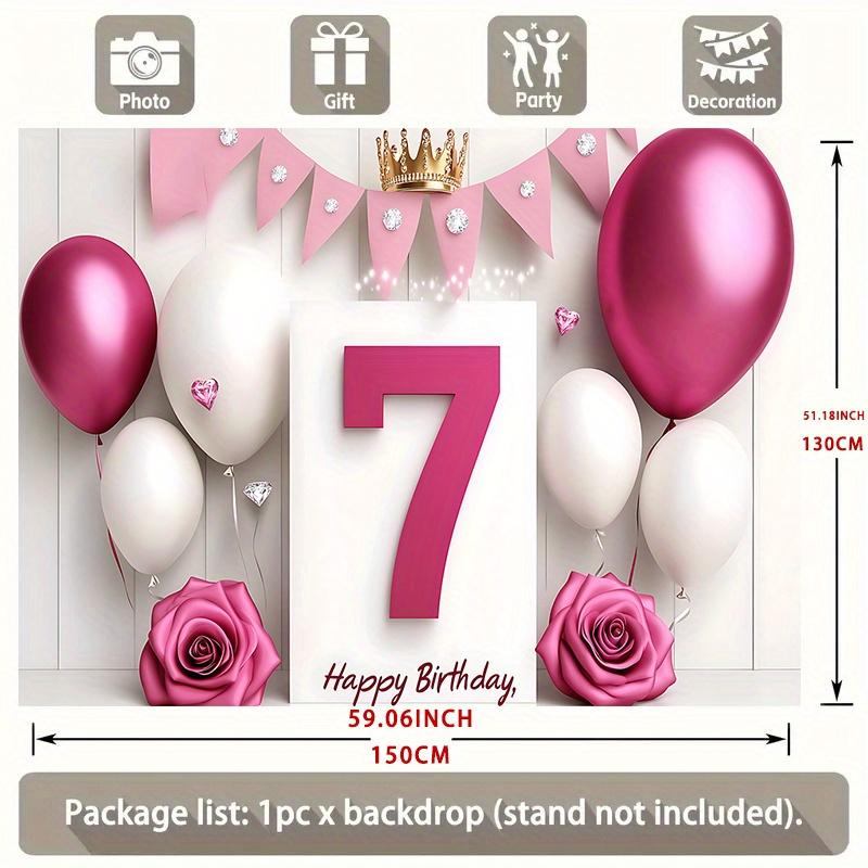 7th Birthday Party Backdrop White Pink Polyester Banner Photo Booth Decoration