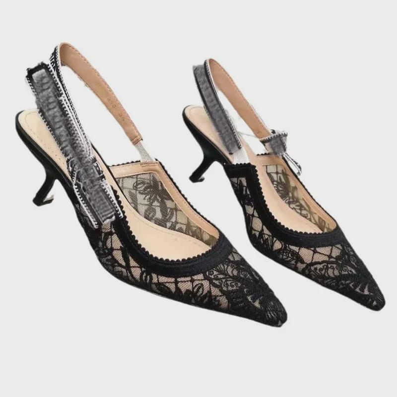 D2024 Весенние кружевные сетчатые туфли на плоской подошве с острым носком: Сандалии с ремешком сзади в стиле феи для женщин