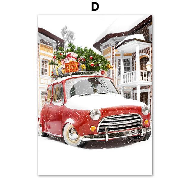 Зимний снежный пейзаж, картина на холсте, настенная живопись, сосновый красный автомобиль, золотой поезд, постер и принт для дома, Рождественский подарок, Декор