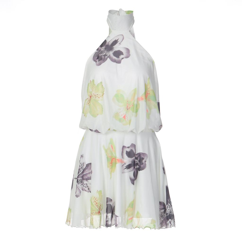 Women’s Floral Halter Mini Dress, Elegant Sleeveless Summer Dress with High Neck, Cinched Waist and Flared Skirt, Cute Casual Party Dress for Vacation