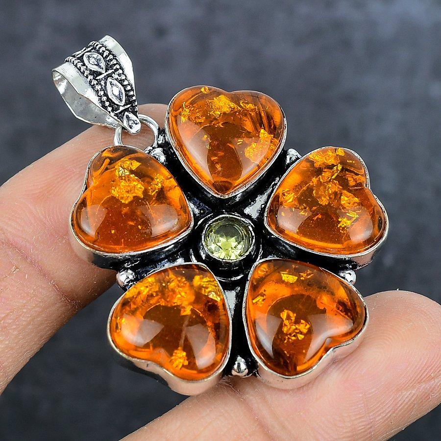 Baltic Amber, Citrine Gemstone 925 Sterling Silver Jewelry Pendant 2.64"