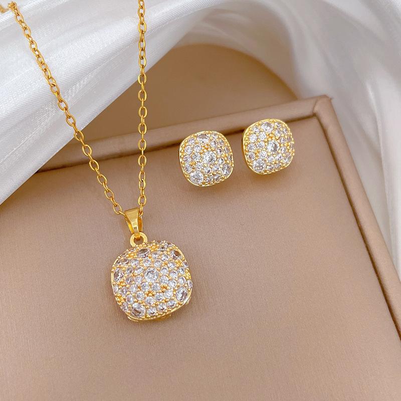 Copper Set Zircon Gold Plated Stainless Steel Chain Flower Butterfly Earrings Necklace Women's Jewelry