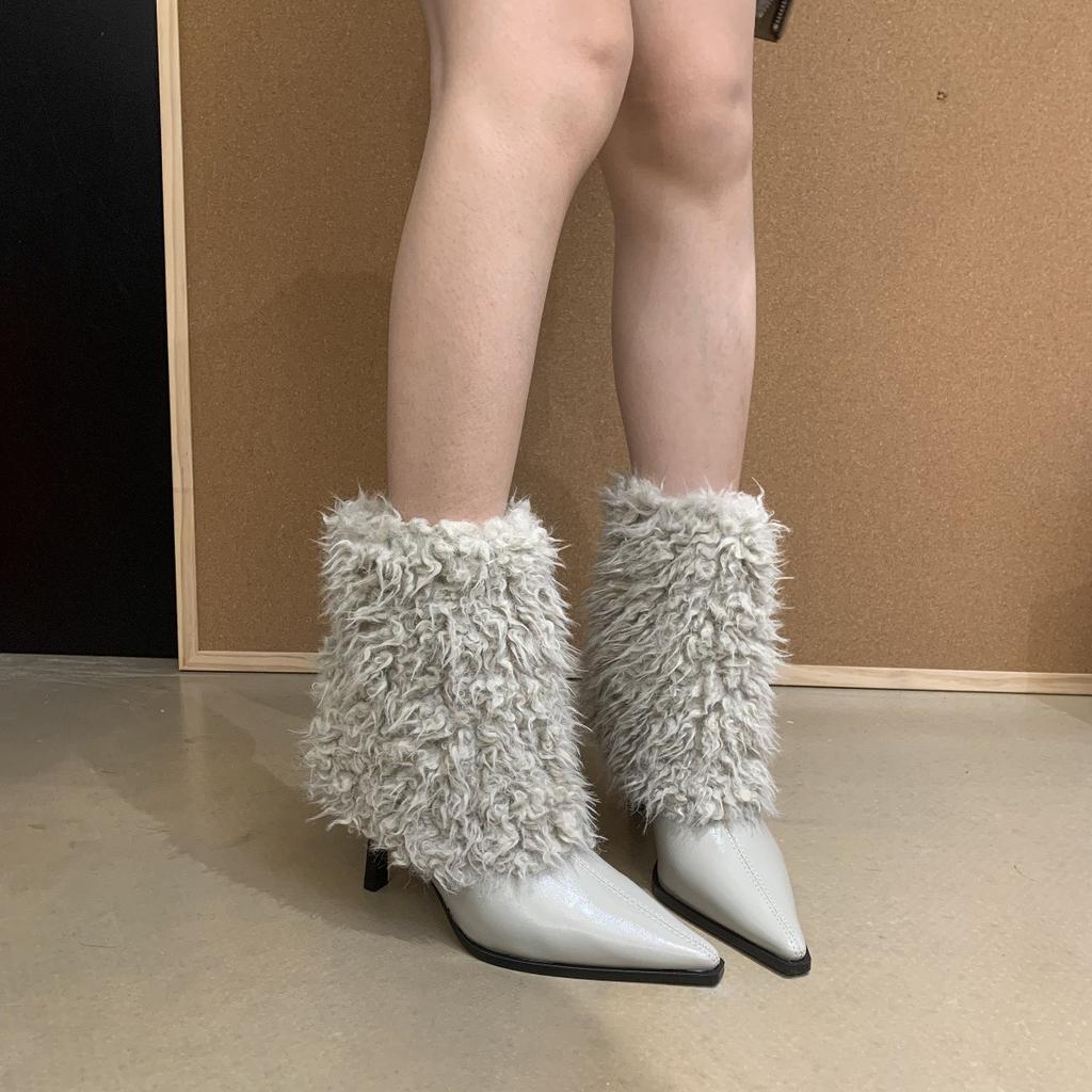 2025 High-heeled Short Boots Are Popular for Women This Year, Black Pointed-toed Thin-heeled Hairy Medium-tube Snow Boots, Velvet Fashionable Essence