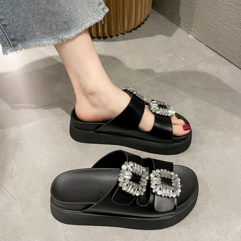 2024 Rhinestone Shoes Womens High Heel Platform Sandals Double Buckle Strap Slippers Womens Leather Beach Fashion Black Slippers