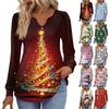 Women's Fashionable Casual V-neck Blouse Button Christmas Printed Long-sleeved Pullover T-shirt Top
