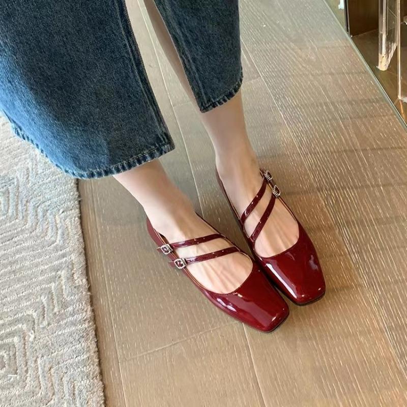 Fashion Spring New Single Shoes Women's Square Head Shallow Mouth One Word Buckle Soft Sole Anti-slip Wear-resistant Low Heel Shoes