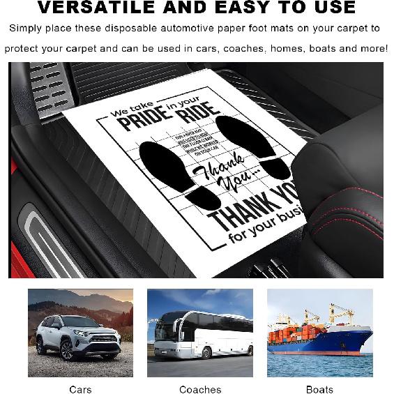 50 PCS Car Paper Floor Mats, 16 x 20 Inch Disposable Auto Carpet Pads with Footprint Words, Universal Temporary Vehicle Floor Protective Papers for