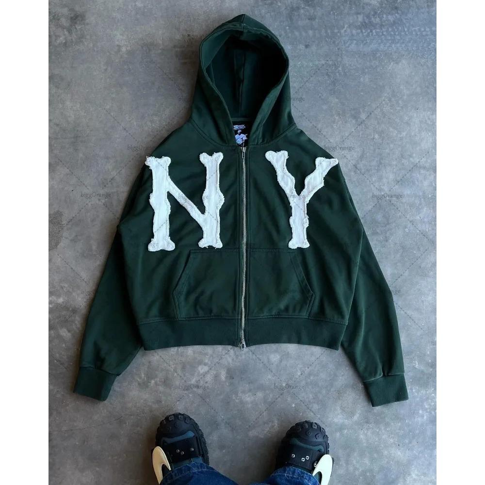 ZYLLO Y2k Harajuku Retro Trendy Brand Letter Embroidery Oversized Swetshirt Women High Street Fashion Loose Zipper Hoodie