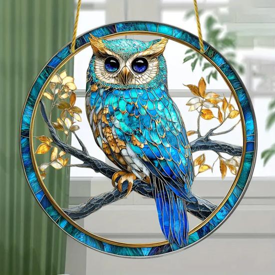 Owl Ornament Stained Glass Blue Green Sun Catcher Enchanting Birds