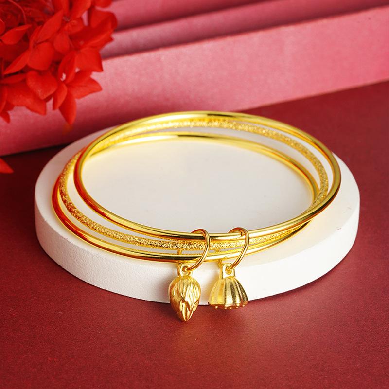 Round Lotus Bangle China-Chic Ancient Style Three Ring Smooth Face Bracelet