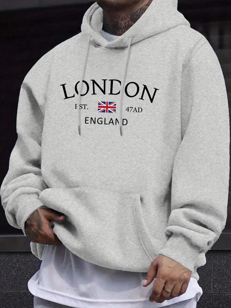 Толстовки с лондонским модным принтом для мужчин, повседневные, осенне-зимние, повседневная толстовка, карман-кенгуру, длинный рукав, осенне-зимние, простые