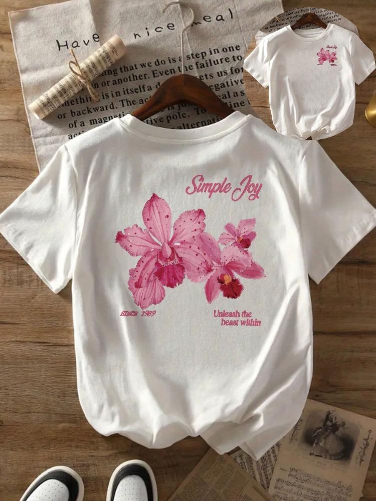Front And Back Shortsleeved Orchid Black Background Printed Round Neck Unisexs Casual Top Comfortable Unisexs Clothing