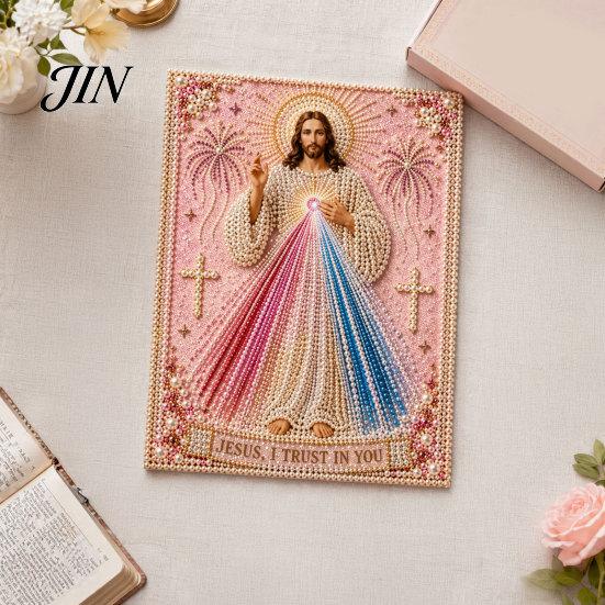 3D Pearl Texture Art Mary Painting Kit, Divine Mercy Jesus Holy Religious Beginner Kit Faux DIY Craft Set for Adults Beginners Christian Wall Decor