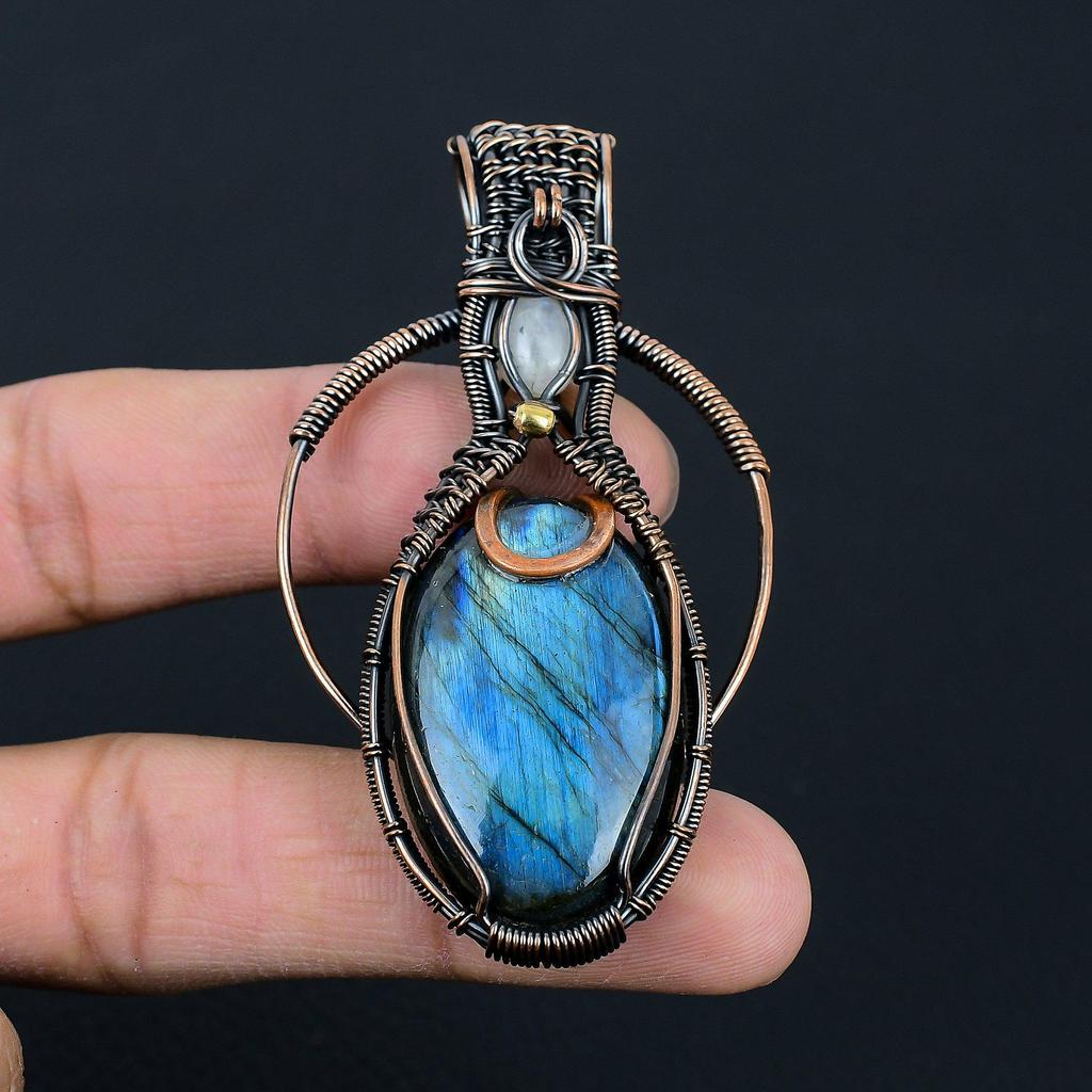 Labradorite & Moonstone Gemstone Handmade Pure Copper Wire Wrap Pendant For Women