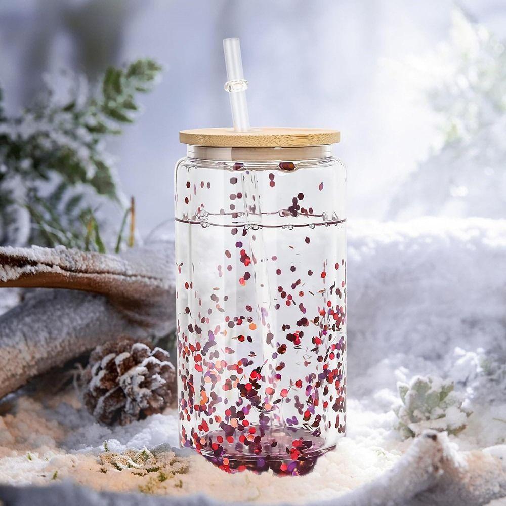 Bamboo Lids Mason Jar Cups 16oz(450ml) Capacity Break-Resistant Drinking Tumbler Double Layers Snow Globe Tumbler Wedding Party