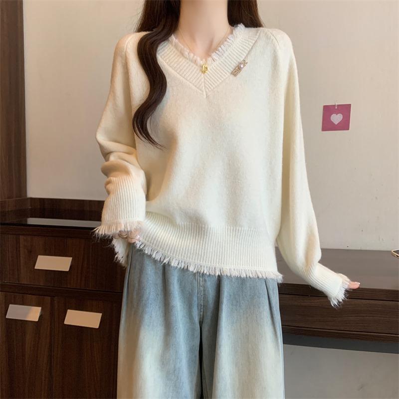 Fashion Sweet Tassel V-neck Red Pullover Sweater Women Autumn and Winter New Thick Warm Knitted Sweaters Women Elegant Solid Casual Jumpers Tops 25841