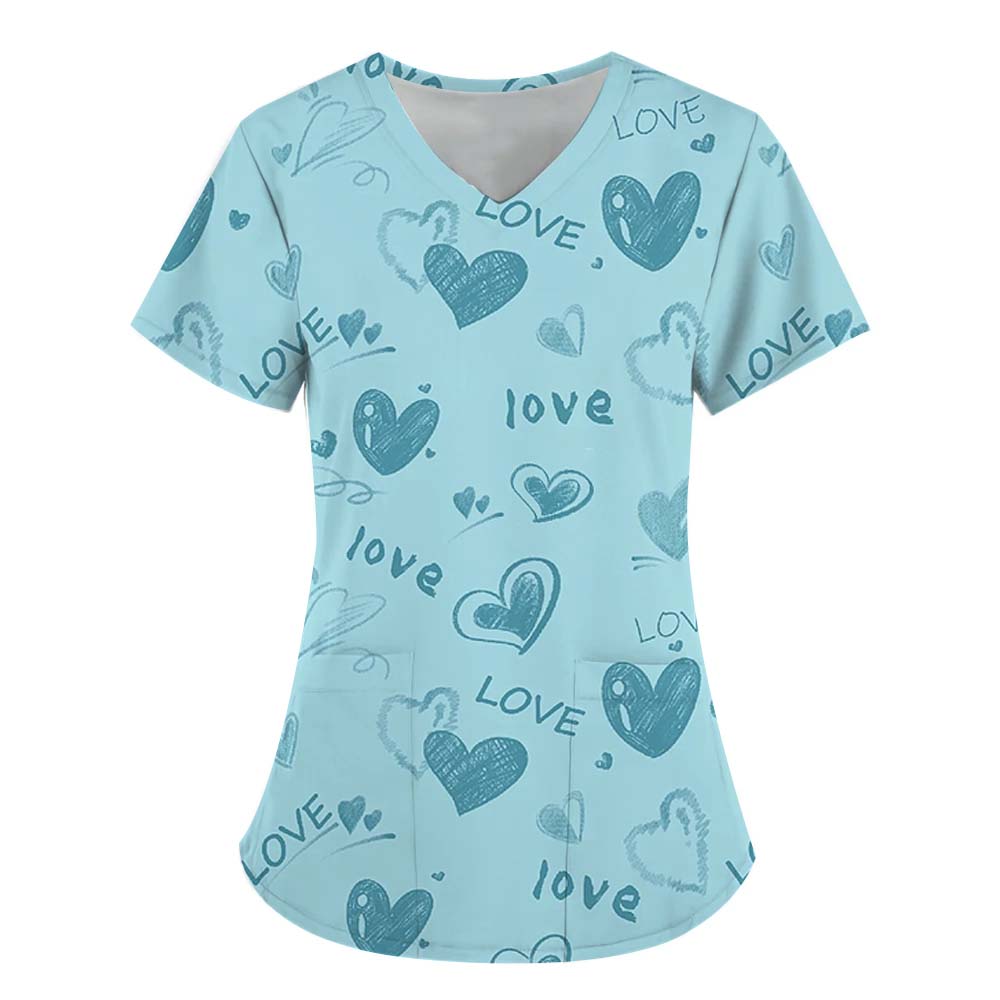 Women Working Uniform Smile Heart Print Cartoon Cat Dog Short Sleeve V-neck Tops Femme Blouse Nurse Work Wear Medical Uniforms
