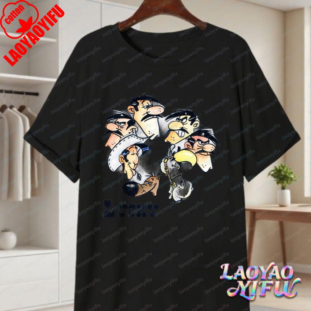 Lucky Luke Full Cast Print Casual Tops Playful Western Cartoon Cotton Tee Funny Vintage Classic Anime Shirt Trend Unisexs Clothing
