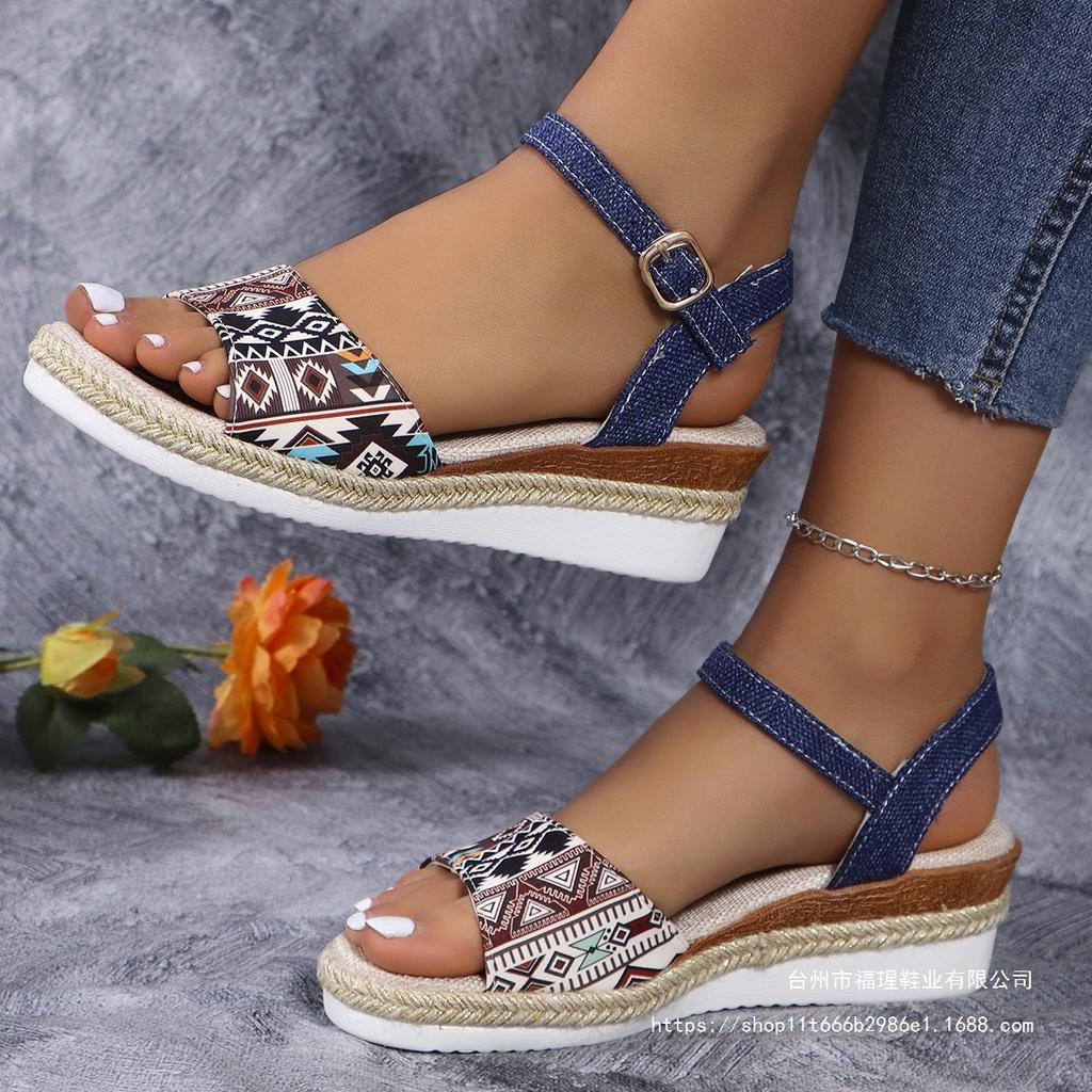 Roman color matching wedge heel large size fashion round head thick bottom open toe women's one-word buckle new wish2025